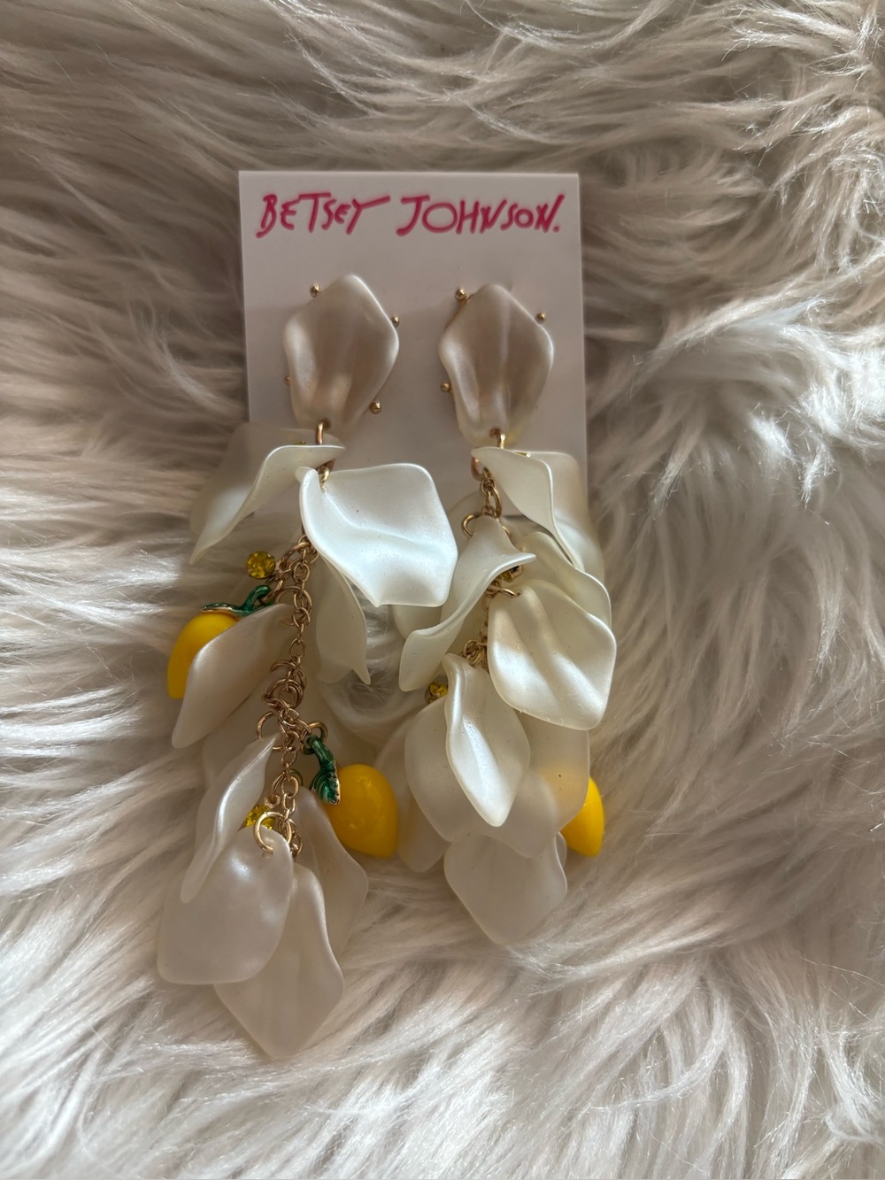 Betsey Johnson White Petal Dangle Earrings with Yellow Lemon Charms